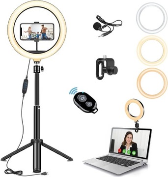 LAMPA PIERŚCIENIOWA LED RING MAKIJAŻ STATYW SELFIE Zestaw Pilot Przyciemia