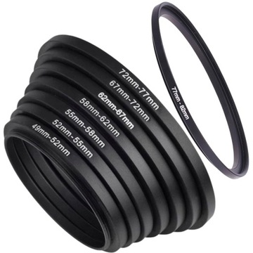 ZESTAW Komplet redukcji filtrowych 49 52 55 58 62 67 72 mm STEP UP 7 szt +1