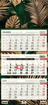 KALENDARZ TRÓJDZIELNY 2024 ŚCIENNY GLAMOUR LIŚCIE HIT SEZONU LAKIEROWANY