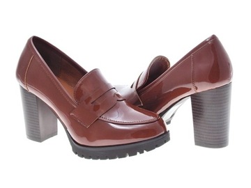 LAKIEROWANE PÓŁBUTY MOKASYNY NA SŁUPKU Camel r.36