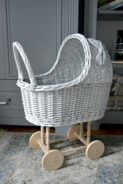 WÓZEK wiklinowy + KOŁYSKA dla lalek kolor BIAŁY