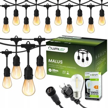 Girlanda Ogrodowa ZEWNĘTRZNA ŁAŃCUCH ŚWIETLNY 20m + 40 LED E27 ŻARÓWKI