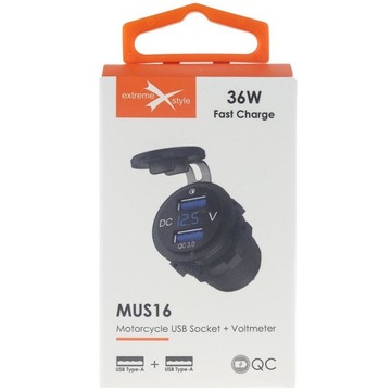 Розетка для мотоцикла 12 В 2x USB QC3.0 ВОЛЬТМЕТР 36 Вт IP54 LED