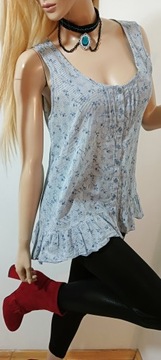 F&F NIEBIESKA błękitna bluzka oversize z falbanką guziki boho 42/XL