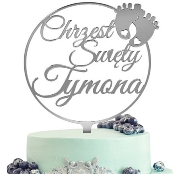 Srebrny topper na Chrzest Święty imieniem i stópkami IMIĘ srebrne lustro