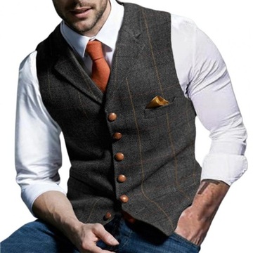 Brown Casual Gentleman Men's Green Vest Plaid