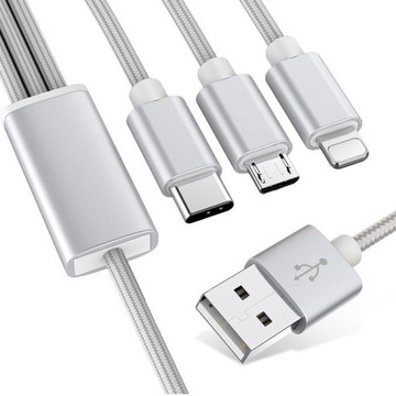 PRZEWÓD USB 3w1 ŁADOWARKA IPHONE MICRO TYP-C 1,2M