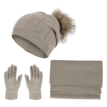 W455B Damski zimowy komplet beżowy czapka szalik rękawiczki