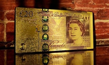 20 FUNTÓW BRYTYJSKICH Królowa Elżbieta II Pozłacany Banknot Kolekcjonerski