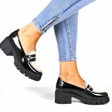 PÓŁBUTY DAMSKIE MOKASYNY PLATFORMA GRUBA PODESZWA LORDSY CZARNE POTOCKI