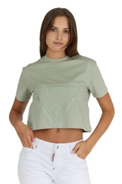 GUESS - Krótki zielony T-shirt damski z logo M