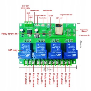 Модуль 4 реле 30А WiFi ESP-12F DC7-28/5В