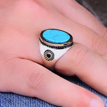 Simple Turquoise Stone Silver Men's Ring, 925 Sterling Silver Ring
