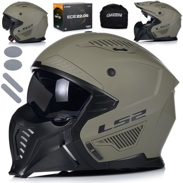 KASK MOTOCYKLOWY 4w1 LS2 OF606 SAND ODPINANA SZCZĘKA + DASZEK + 2xSZYBA L