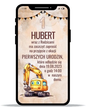 E-zaproszenia ZAPROSZENIE elektroniczne ROCZEK URODZINY KINDERBAL koparka