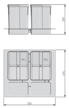 КОНТЕЙНЕРЫ ДЛЯ МУСОРА AXISPACE ДЛЯ ШКАФА 600 мм 2x15л 2x7л, глубина 500мм