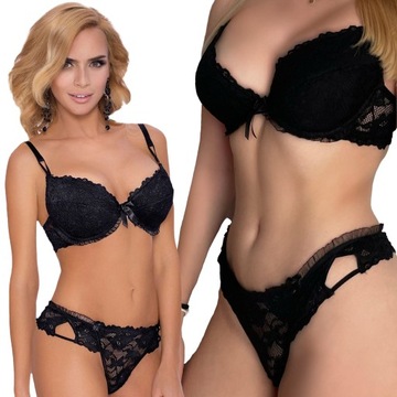 Damski Seksowny Zestaw Stanik Push-Up + Stringi Carmen 75C + M Czarny