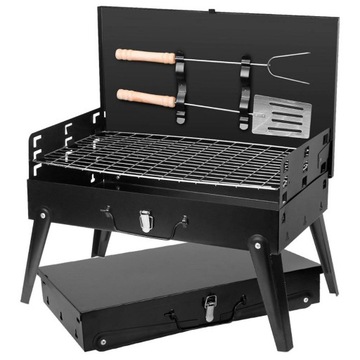 GRILL OGRODOWY TURYSTYCZNY PRZENOŚNY SKŁADANY BBQ WALIZKA + AKCESORIA