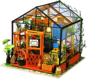 Puzzle 3D Drewniany składany model Mini Szklarnia Ogród LED Robotime