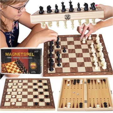 SZACHY DREWNIANE MAGNETYCZNE KLASYCZNE DUŻE WARCABY BACKGAMMON GRA 3W1
