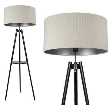 LAMPA STOJĄCA PODŁOGOWA DREWNIANA TRÓJNÓG ZE STOLIKIEM ABAŻUR WELUR 40CM