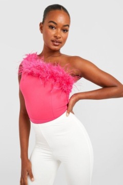 Boohoo Розовое боди на одно плечо с перьями 34