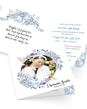 Zaproszenia Komunijne ze zdjęciem personalizowane z kopertą „Blue Rose”