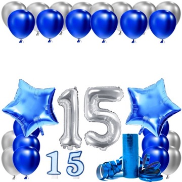 ZESTAW BALONY NA 15 URODZINY LAT NIEBIESKI 15 ROCZNICA ŚLUBU 100 CM