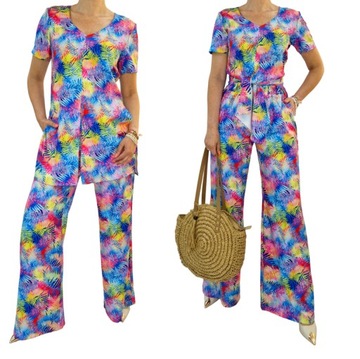 WZORZYSTY KOMBINEZON KOMPLET TROPICAL TUNIKA SPODNIE WIDE LEG r.46 (36-56)