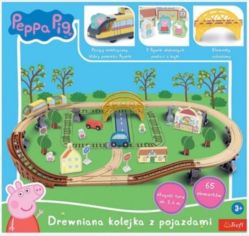 TREFL Elektryczna drewniana kolejka z pojazdami Świnka Peppa 65 elementów