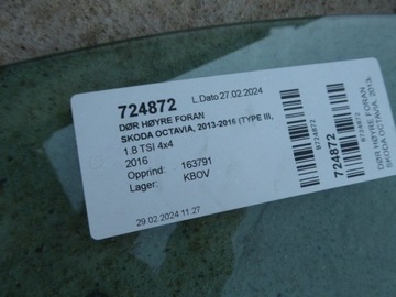 OCTAVIA III 13-16 SKLO (OKNO) DVEŘE PŘEDNÍ PRAVÁ