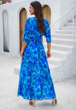 Letnia Sukienka Maxi z Kwiatowym Wzorem i Wycięciem V, Idealna na Imprezy
