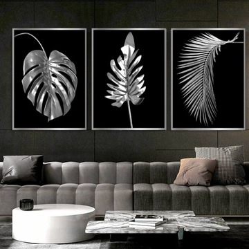 TRYPTYK ZESTAW KOMPLET 3X OBRAZY SREBRNE PALMY LIŚCIE A3 30x40cm +RAMKI