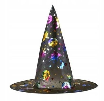 KAPELUSZ CZAROWNICY CZARNY KOLOROWY WZÓR DYNIA KOT NIETOPERZ HALLOWEEN