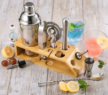ZESTAW BARMAŃSKI DO DRINKÓW KOKTAJLI SHAKER STOJAK SZEJKER 10 el NA PREZENT