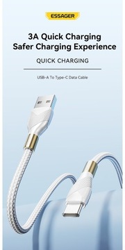 Kabel Essager USB-USB TYP-C QC 3.0 3A 1 metr Mocny Solidny Biały