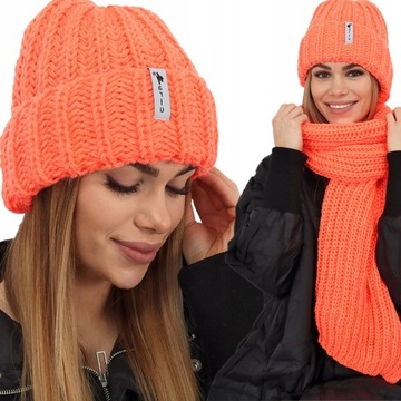 CZAPKA DAMSKA ZIMOWA CIEPŁA WYGODNA GRUBA KOBIECA SPORT POMARAŃCZ-NEON 2252