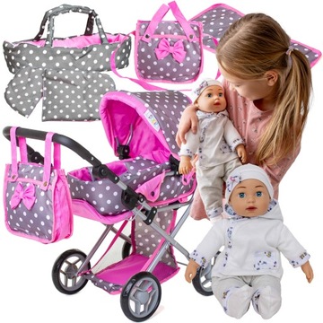 Zestaw dla lalek WÓZEK 3w1 głęboki spacerowy + LALKA BOBAS dźwięki + TORBA