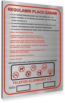 REGULAMIN PLACU ZABAW TABLICZKA INFORMACYJNA ALUMINIOWA