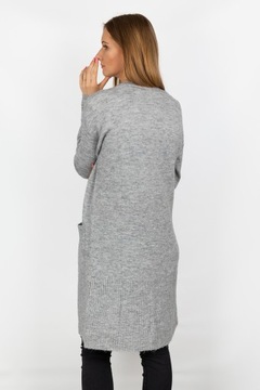 New Look Długi Kobiecy Luźny Szary Sweter Narzutka Kieszenie z Wełną XL 42