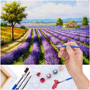 ZESTAW MALOWANIE PO NUMERACH Lawenda Rama z DREWNA 50x40cm Farby Pędzle