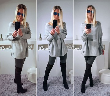 SWETEREK OVERSIZE TUNIKA SWETER WOOL ODKRYTE RAMIĘ