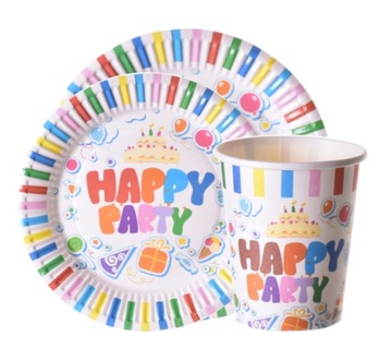 DUŻY ZESTAW PAPIEROWY KUBECZKI TALERZYKI HAPPY PAR