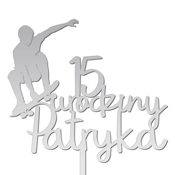 Topper Deskorolka Skater napis tort dekor srebrny