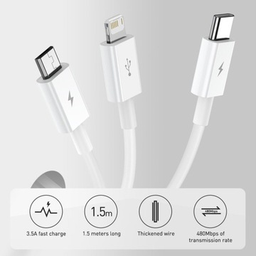 КАБЕЛЬ BASEUS 3В1 ДЛЯ iPhone USB — LIGHTNING TYPE C КАЧЕСТВЕННЫЙ MICRO USB + СТИЛУС