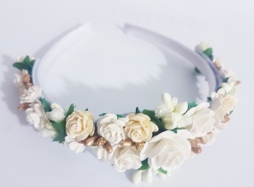 OPASKA KWIATY ECRU+ZŁOTO KOMUNIA RÓŻYCZKI