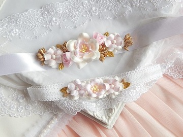 RÓŻANY Zestaw Chrzest OPASKA i PASEK do sukienki