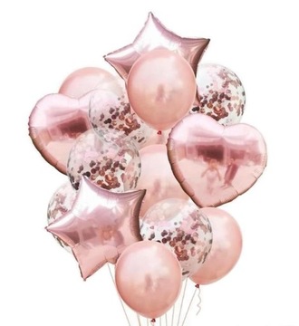BALONY ZESTAW RÓŻOWE ZŁOTO KONFETTI gwiazda 15szt