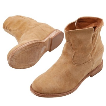 BOTKI DAMSKIE OCIEPLANE NA UKRYTUM KOTURNIE BUTY ZIMOWE ZAMSZOWE CAMELOWE