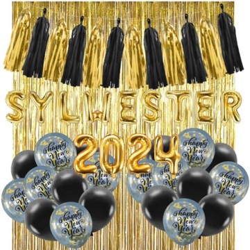 Balony ZESTAW DEKORACJI gadżety na sylwestra kurtyna napis SYLWESTER 2024